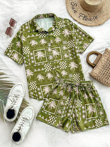2pcs Beach Vacation Fun Print Shirt And Shorts Set, Leisure