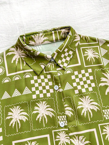 2pcs Beach Vacation Fun Print Shirt And Shorts Set, Leisure