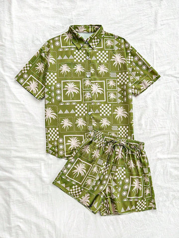 2pcs Beach Vacation Fun Print Shirt And Shorts Set, Leisure