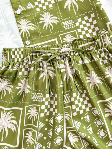 2pcs Beach Vacation Fun Print Shirt And Shorts Set, Leisure