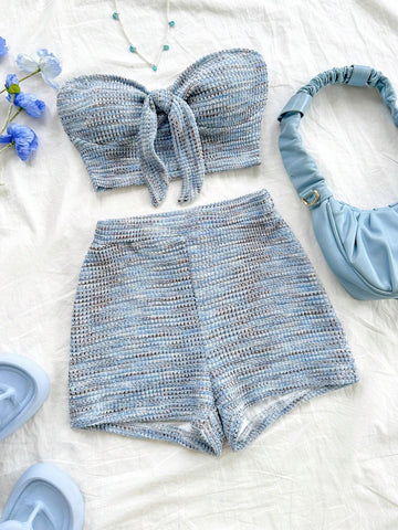 2pcs Women Vacation Knit Bandeau Twist Ear Decor Fitted Top And Shorts Set, Chiffon Knit Texture Under Layer For Autumn/Winter
