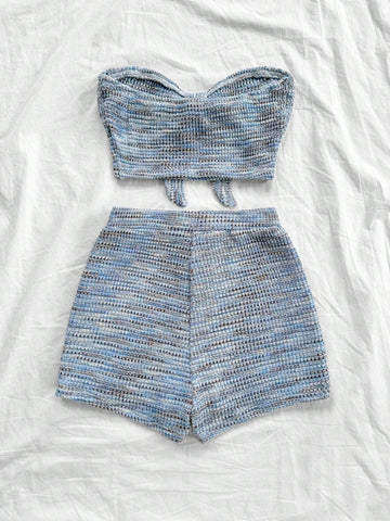 2pcs Women Vacation Knit Bandeau Twist Ear Decor Fitted Top And Shorts Set, Chiffon Knit Texture Under Layer For Autumn/Winter