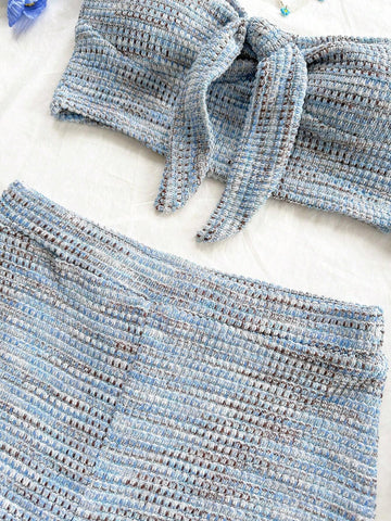 2pcs Women Vacation Knit Bandeau Twist Ear Decor Fitted Top And Shorts Set, Chiffon Knit Texture Under Layer For Autumn/Winter