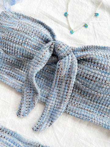 2pcs Women Vacation Knit Bandeau Twist Ear Decor Fitted Top And Shorts Set, Chiffon Knit Texture Under Layer For Autumn/Winter
