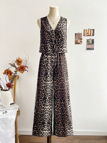 2pcs Women Vacation Leopard Print Cardigan Sleeveless Tank Top And Elastic Waist