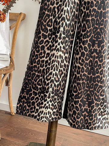 2pcs Women Vacation Leopard Print Cardigan Sleeveless Tank Top And Elastic Waist