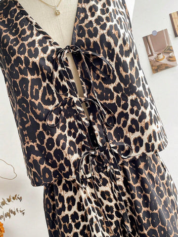 2pcs Women Vacation Leopard Print Cardigan Sleeveless Tank Top And Elastic Waist