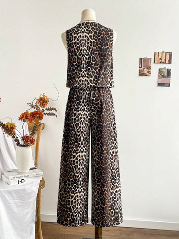 2pcs Women Vacation Leopard Print Cardigan Sleeveless Tank Top And Elastic Waist