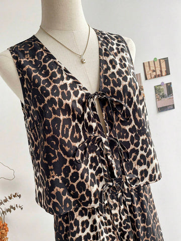 2pcs Women Vacation Leopard Print Cardigan Sleeveless Tank Top And Elastic Waist