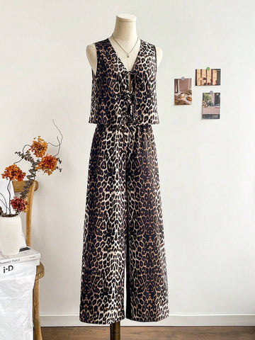 2pcs Women Vacation Leopard Print Cardigan Sleeveless Tank Top And Elastic Waist