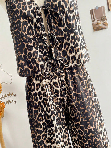 2pcs Women Vacation Leopard Print Cardigan Sleeveless Tank Top And Elastic Waist