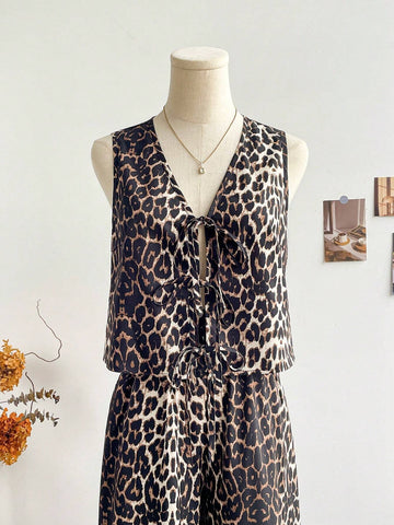 2pcs Women Vacation Leopard Print Cardigan Sleeveless Tank Top And Elastic Waist