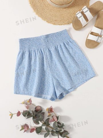 WYWH Allover Print Shirred Waist Shorts