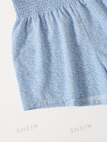 WYWH Allover Print Shirred Waist Shorts