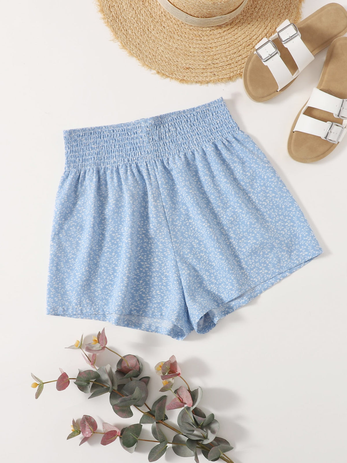 WYWH Allover Print Shirred Waist Shorts