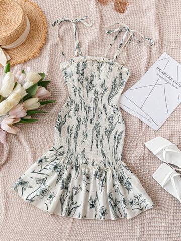 Black Simple Floral Bouquet Casual Vacation Bodycon Dress With Ruffled Hem, Apricot-Line Patterned For Women