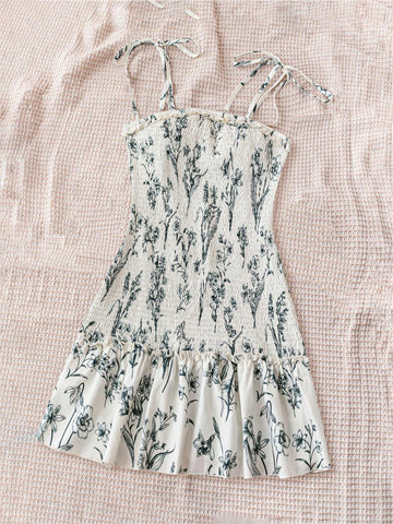 Black Simple Floral Bouquet Casual Vacation Bodycon Dress With Ruffled Hem, Apricot-Line Patterned For Women