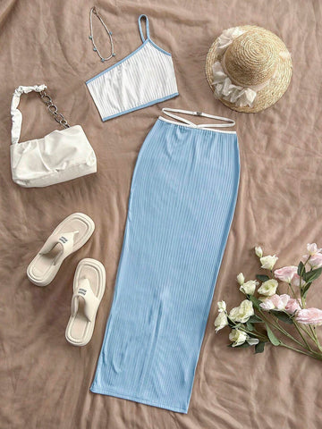 Blue And White Colorblock Irregular Hem Cami Dress Set For Women's Beach Vacation Casual Outfits