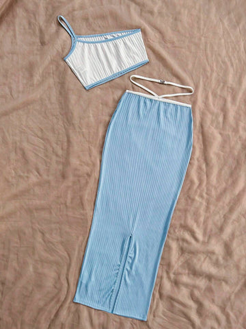 Blue And White Colorblock Irregular Hem Cami Dress Set For Women's Beach Vacation Casual Outfits