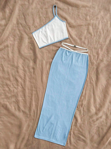 Blue And White Colorblock Irregular Hem Cami Dress Set For Women's Beach Vacation Casual Outfits