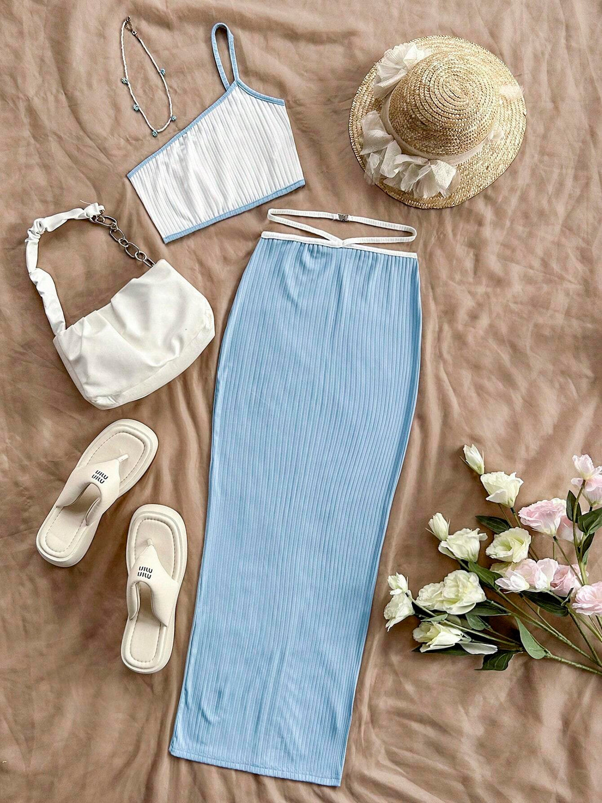 Blue And White Colorblock Irregular Hem Cami Dress Set For Women's Beach Vacation Casual Outfits