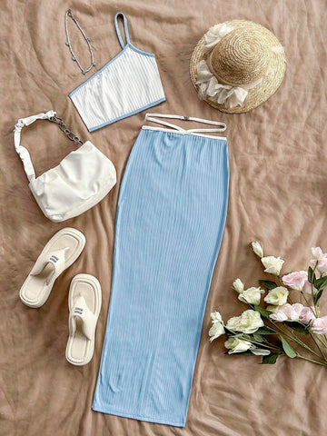 Blue And White Colorblock Irregular Hem Cami Dress Set For Women's Beach Vacation Casual Outfits