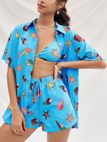 WYWH Blue Ocean Element Print Loose Casual Vacation Style Basic Short Sleeve Shirt