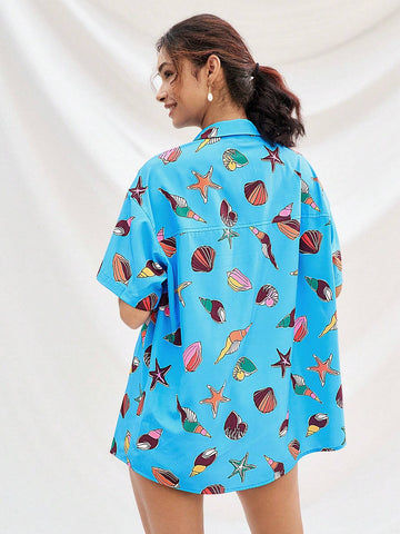 WYWH Blue Ocean Element Print Loose Casual Vacation Style Basic Short Sleeve Shirt