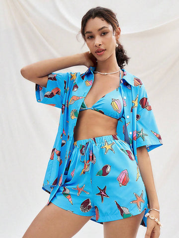 WYWH Blue Ocean Element Print Loose Casual Vacation Style Basic Short Sleeve Shirt