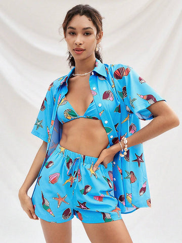 WYWH Blue Ocean Element Print Loose Casual Vacation Style Basic Short Sleeve Shirt