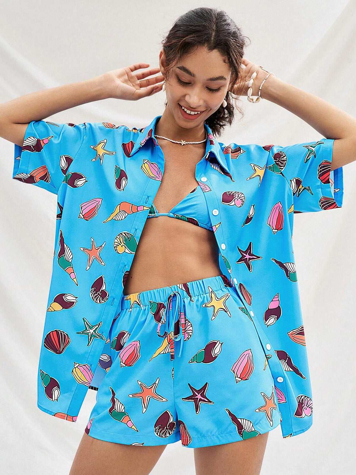 WYWH Blue Ocean Element Print Loose Casual Vacation Style Basic Short Sleeve Shirt