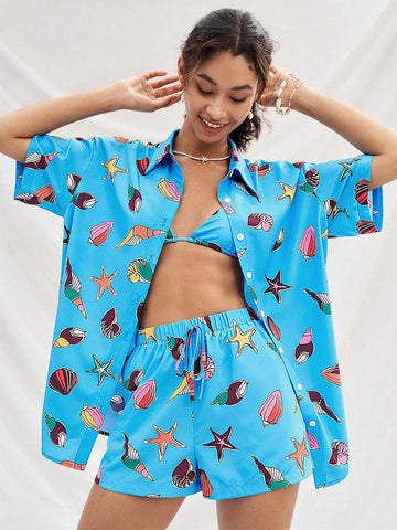 WYWH Blue Ocean Element Print Loose Casual Vacation Style Basic Short Sleeve Shirt