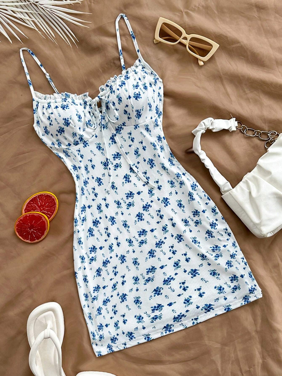 Blue & White Floral Knit Bodycon Drawstring Strap Romantic Casual Vacation Women's