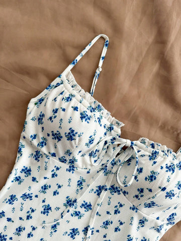 Blue & White Floral Knit Bodycon Drawstring Strap Romantic Casual Vacation Women's