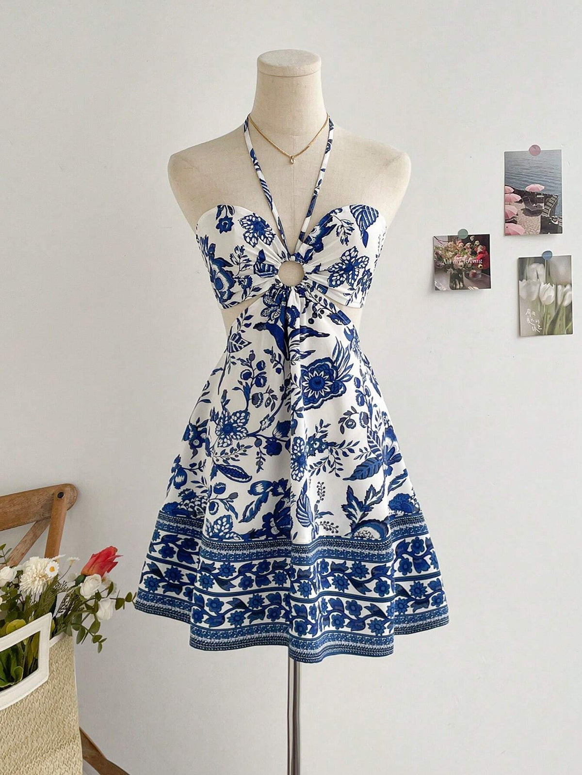 Blue & White Flower Printed Halter Neck Hollow Out Cinched Waist Romantic Casual Vacation Dress For Women