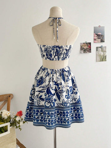 Blue & White Flower Printed Halter Neck Hollow Out Cinched Waist Romantic Casual Vacation Dress For Women