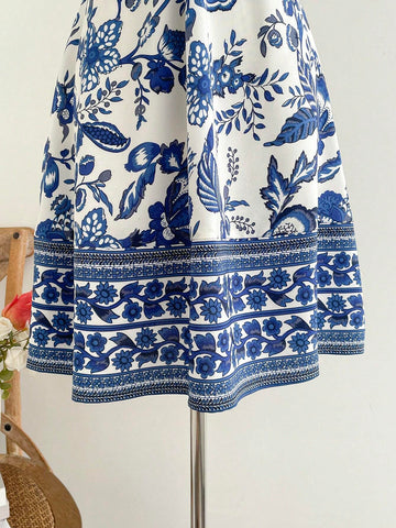 Blue & White Flower Printed Halter Neck Hollow Out Cinched Waist Romantic Casual Vacation Dress For Women