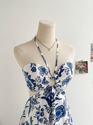 Blue & White Flower Printed Halter Neck Hollow Out Cinched Waist Romantic Casual Vacation Dress For Women