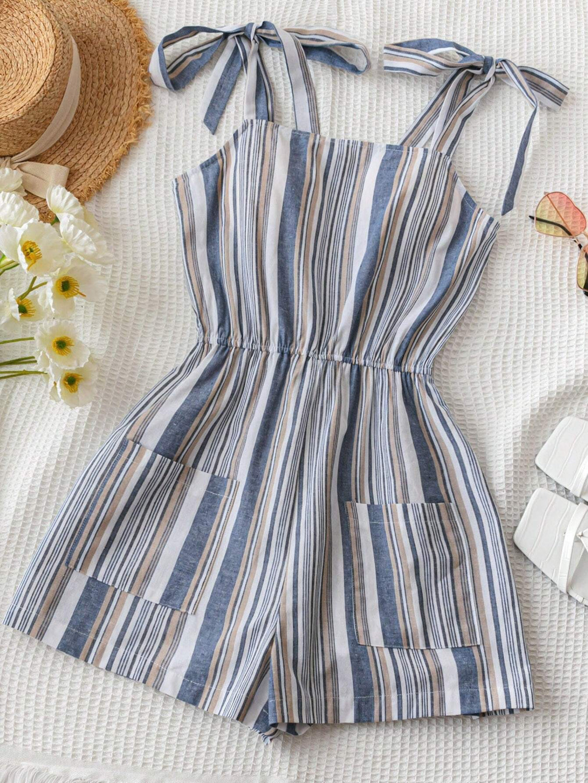 Blue & White Striped Lace-Up Romper For Women, Perfect For Casual Beach Holiday