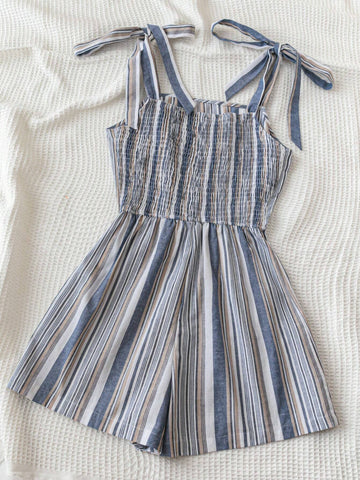 Blue & White Striped Lace-Up Romper For Women, Perfect For Casual Beach Holiday