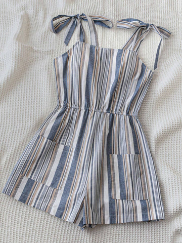 Blue & White Striped Lace-Up Romper For Women, Perfect For Casual Beach Holiday