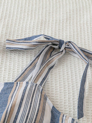 Blue & White Striped Lace-Up Romper For Women, Perfect For Casual Beach Holiday