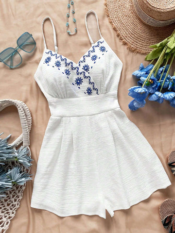 Blue & White Textured Embroidered Strappy V Neck Romper With Cinched Waist And Open Back For Women's Casual & Vacation Outfits
