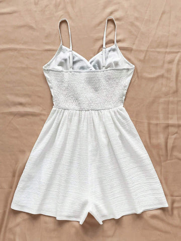 Blue & White Textured Embroidered Strappy V Neck Romper With Cinched Waist And Open Back For Women's Casual & Vacation Outfits