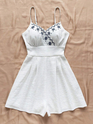 Blue & White Textured Embroidered Strappy V Neck Romper With Cinched Waist And Open Back For Women's Casual & Vacation Outfits