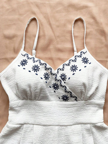 Blue & White Textured Embroidered Strappy V Neck Romper With Cinched Waist And Open Back For Women's Casual & Vacation Outfits