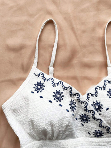 Blue & White Textured Embroidered Strappy V Neck Romper With Cinched Waist And Open Back For Women's Casual & Vacation Outfits