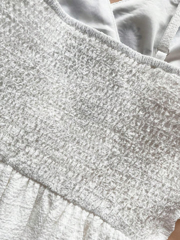 Blue & White Textured Embroidered Strappy V Neck Romper With Cinched Waist And Open Back For Women's Casual & Vacation Outfits