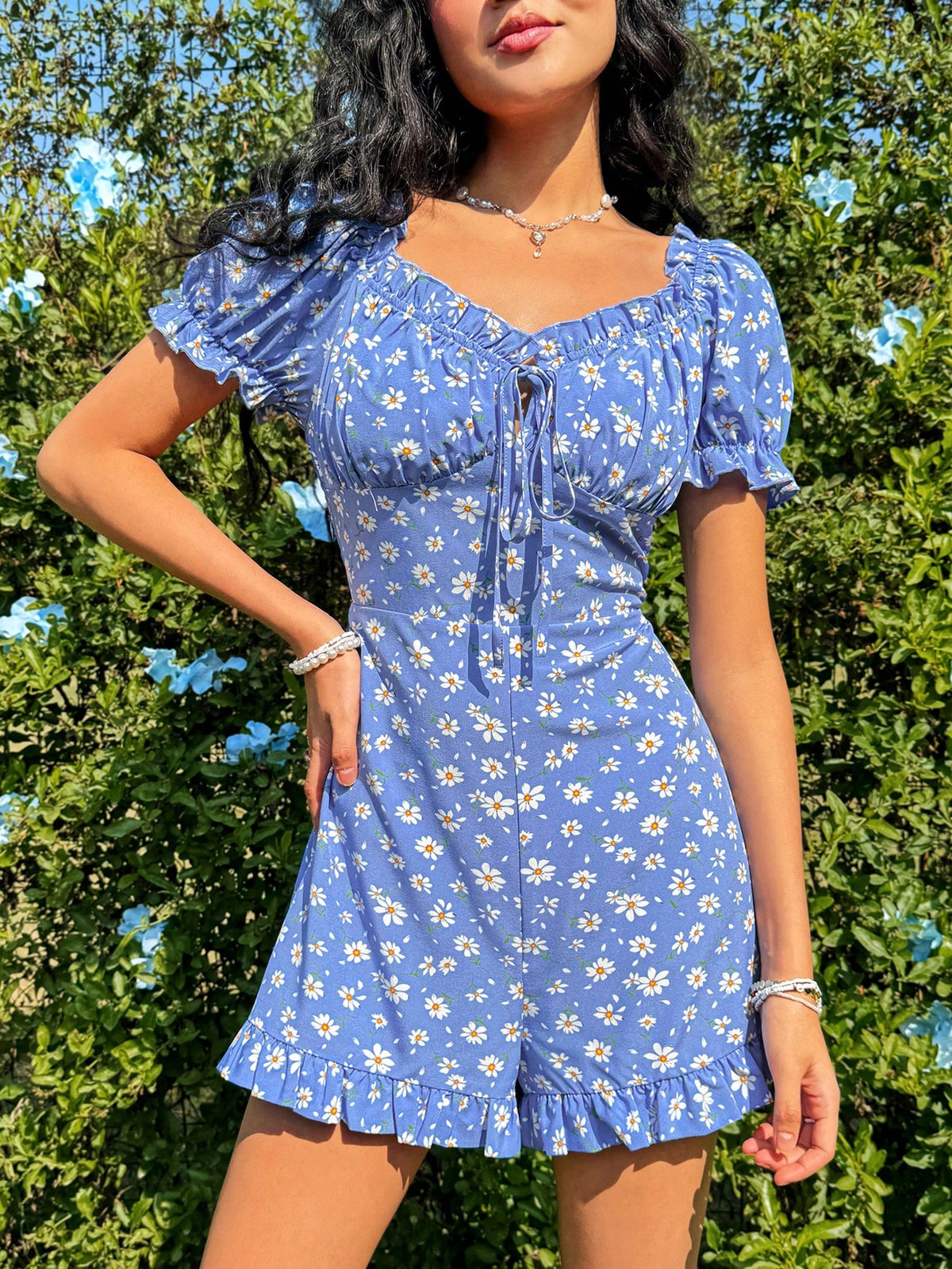 Bubble Sleeve & Frill Trim & Tie Back Jumpsuit