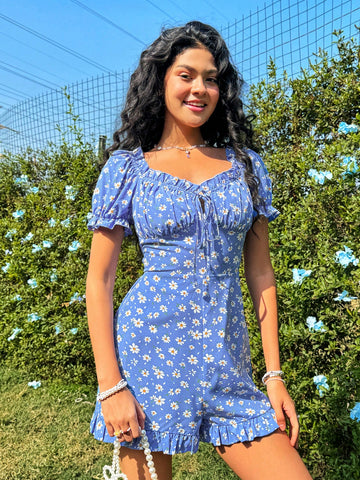 Bubble Sleeve & Frill Trim & Tie Back Jumpsuit